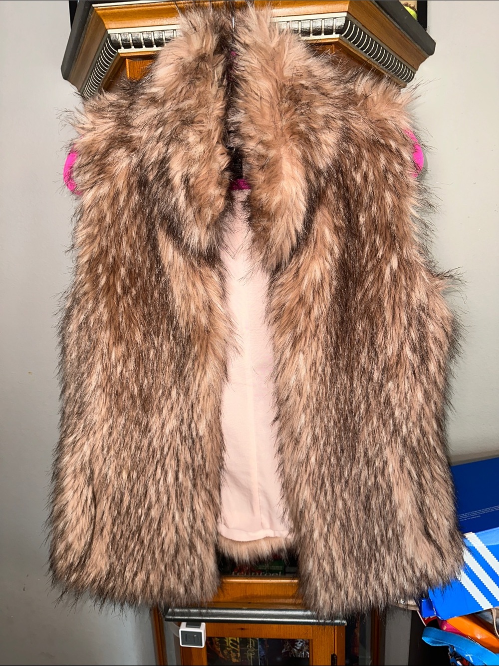 White House Black Market Faux Fur Vest in Taupe and Pink